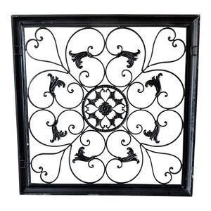 Fleur-de-Lis Black Metal Scrollwork Wall Medallion Panel Wrought Iron Decor Art